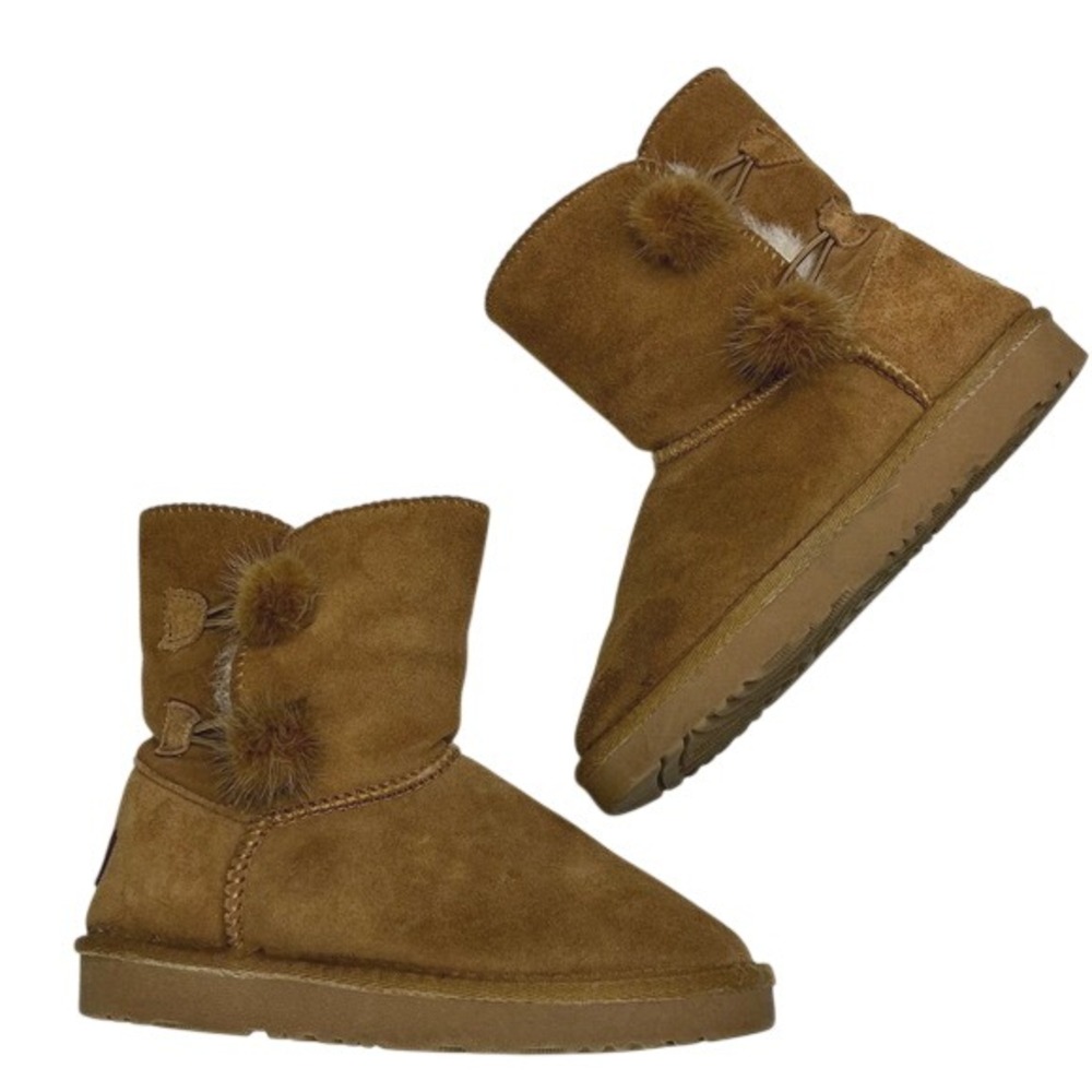Dream Pairs Chestnut Shorty-Pompom Boots Kids Size 2 Suede Sheepskin Lining